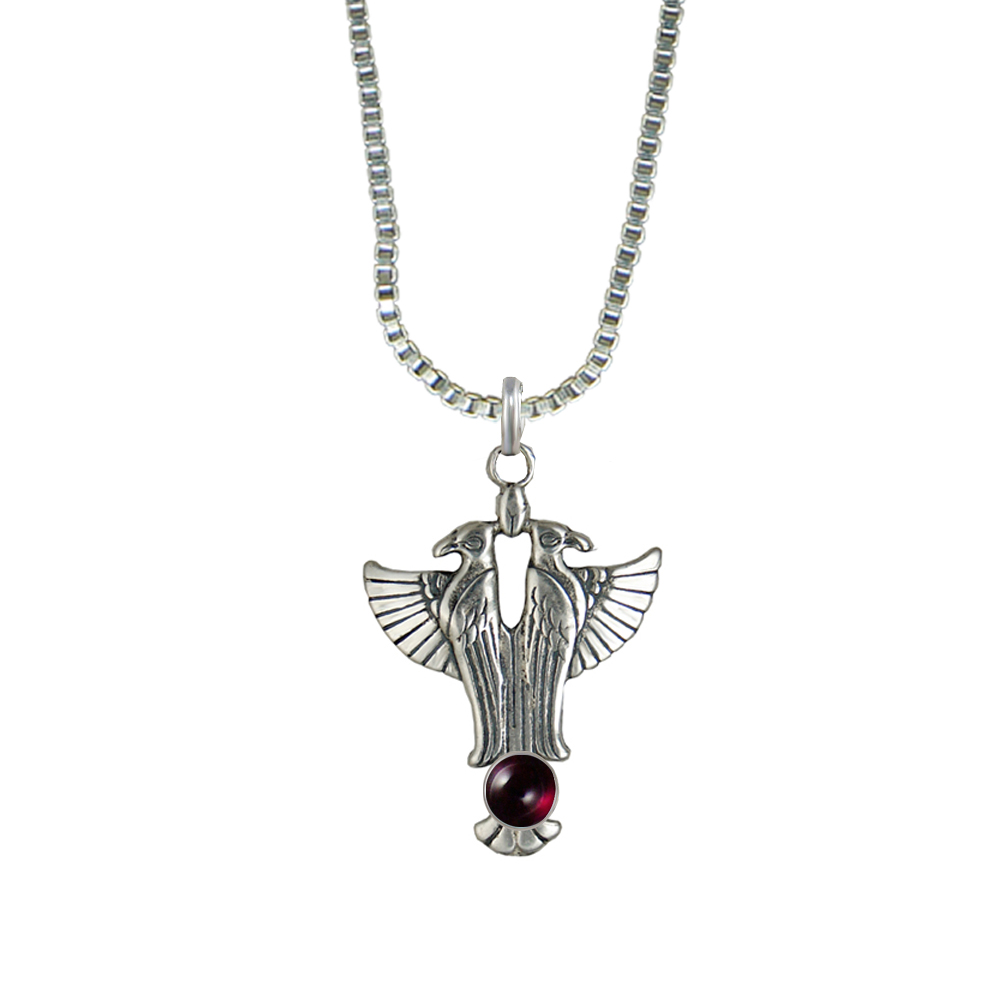Sterling Silver Sacred Egyptian Falcon Pendant With Garnet